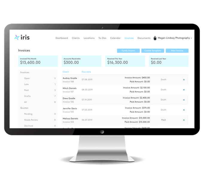 Invoicing for photographers in Iris Works shows you how much money you have made
