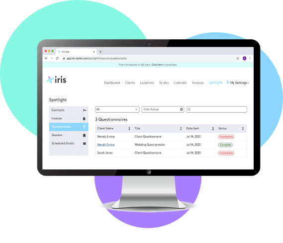 In Iris you can see in Spotlight what questionnaires have been sent to clients and which questionnaires have been filled out.